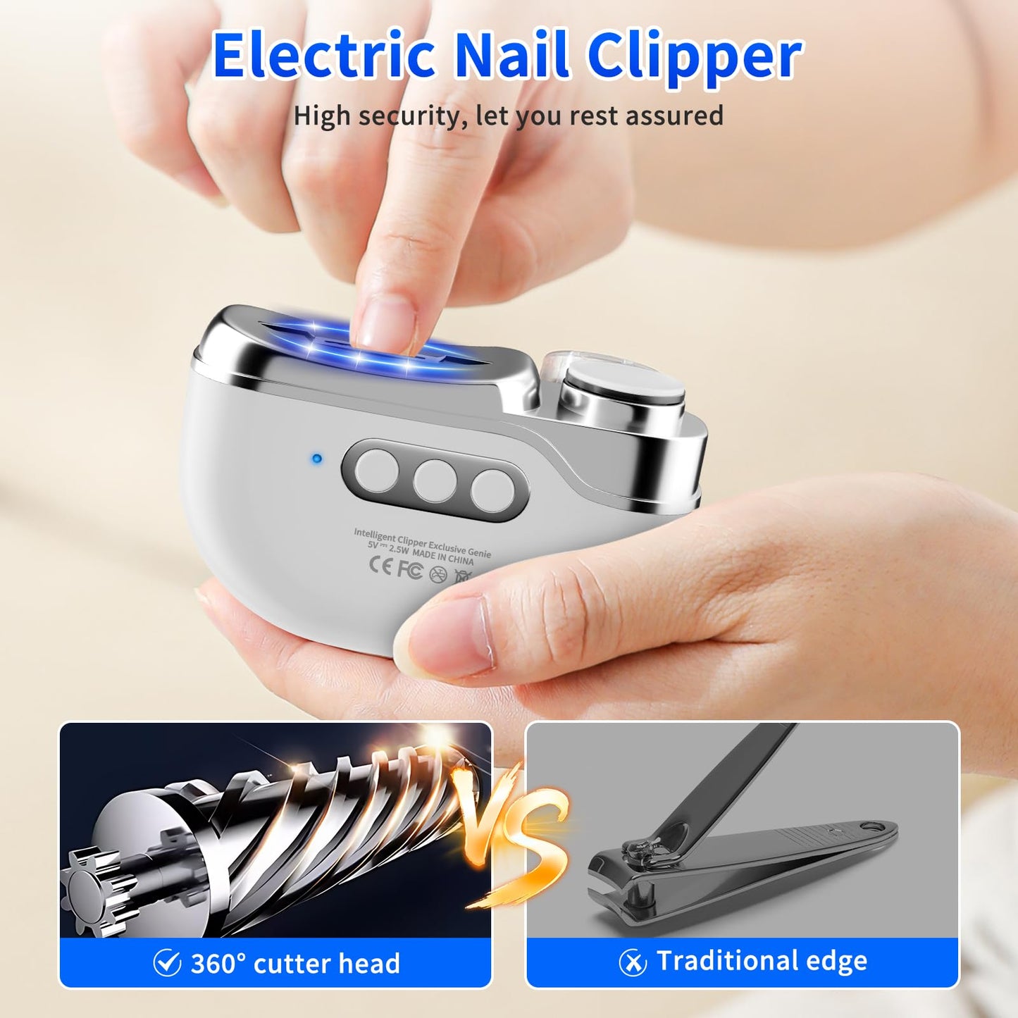 3-in-1 Electric Nail Clipper-3 Speed Adjustable Smart Nail Clippers for Seniors-USB Rechargeable Fingernail Clipper with LED Light,with Nail Scraps Storage for Thick Toenails,Adult,Seniors