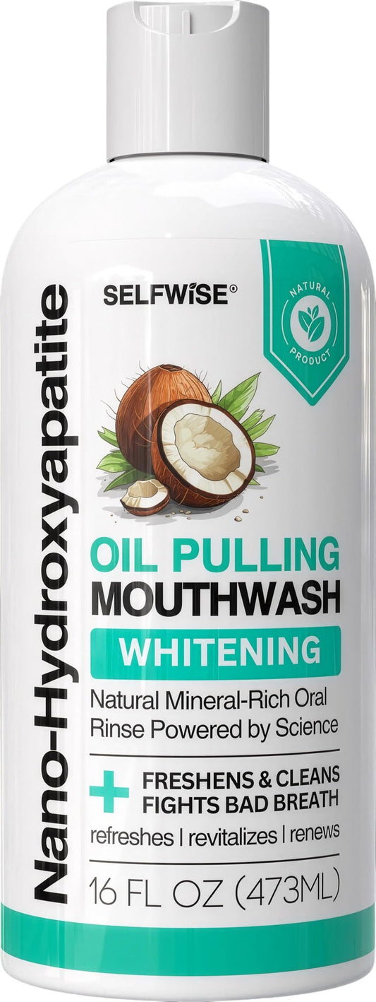 Nano-Hydroxyapatite Oil Pulling Whitening Mouthwash for Teeth and Gums, Natural & Organic, Whitens Teeth, Strengthens Enamel, Fights Bad Breath & Plaque – Smooth & Non-Greasy – for Adults - 16oz