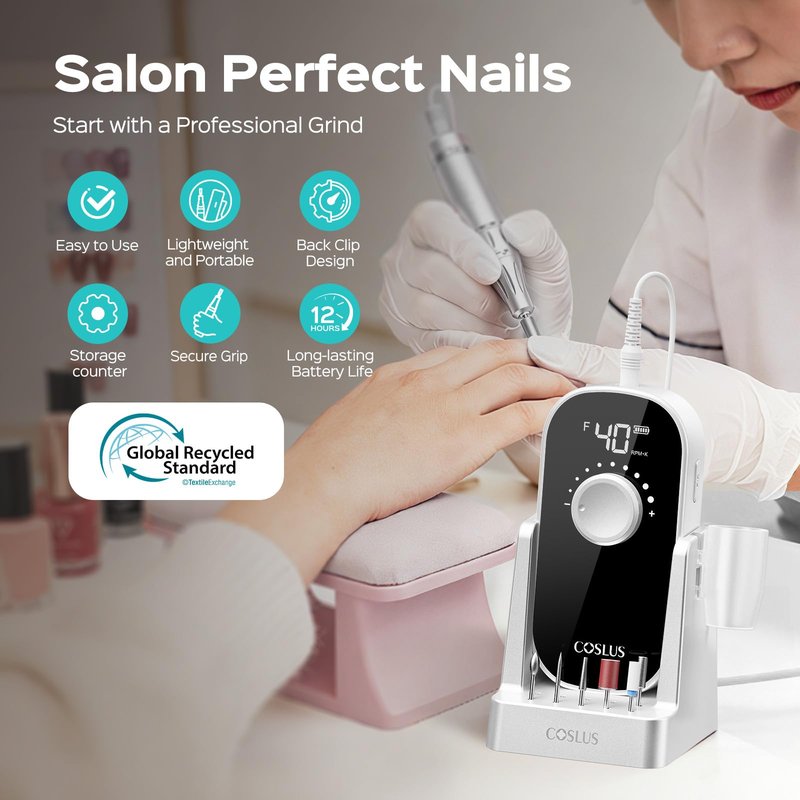 COSLUS E51 Electric Nail Drill Professional: Rechargeable Nail File with Stand for All Manicure Shaping & Gel Removal, Entry-Level Easy, 40000RPM E-File for Nail Art Practice, Home DIY and Salon White