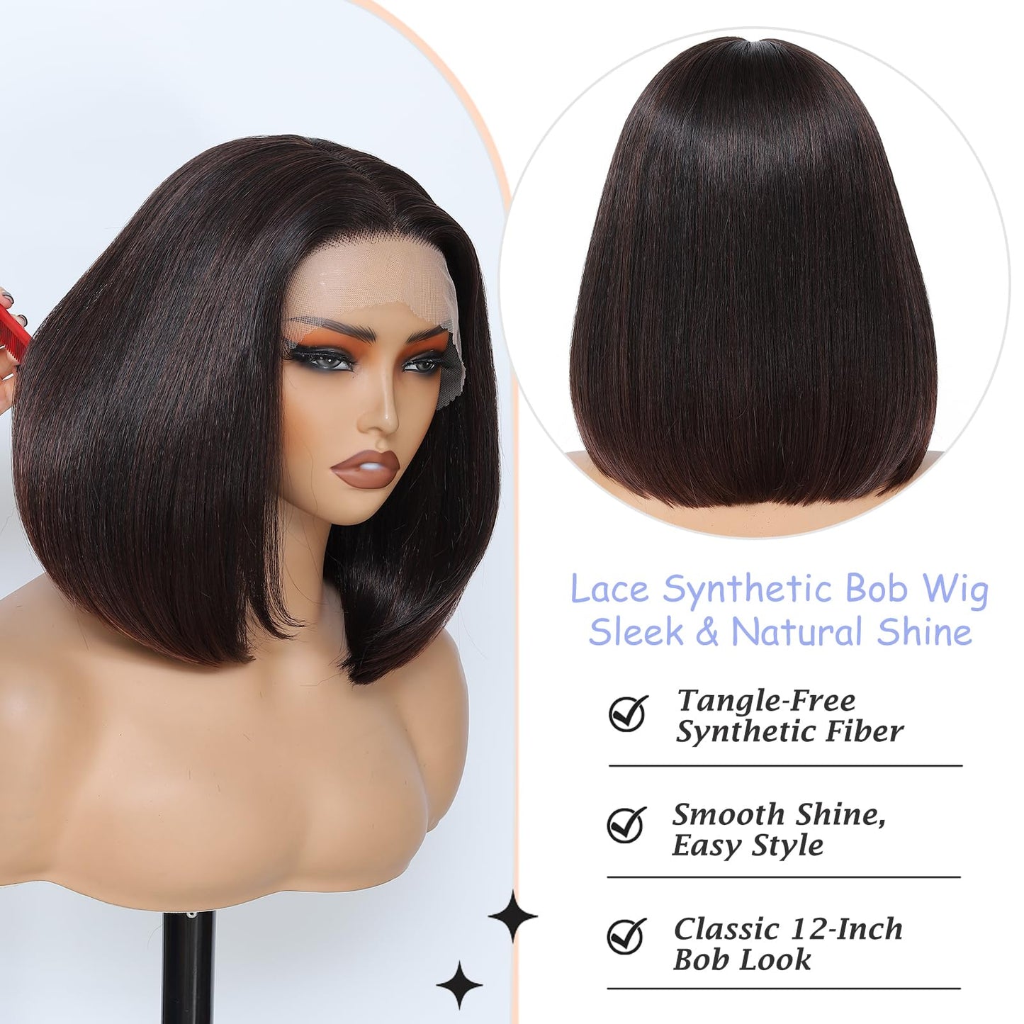 JANATOUCH Brown Straight Bob Wig for Women, Shoulder Length Lace Front Wig with Natural Middle Part Soft Silky Synthetic Wig Realistic Short Wig