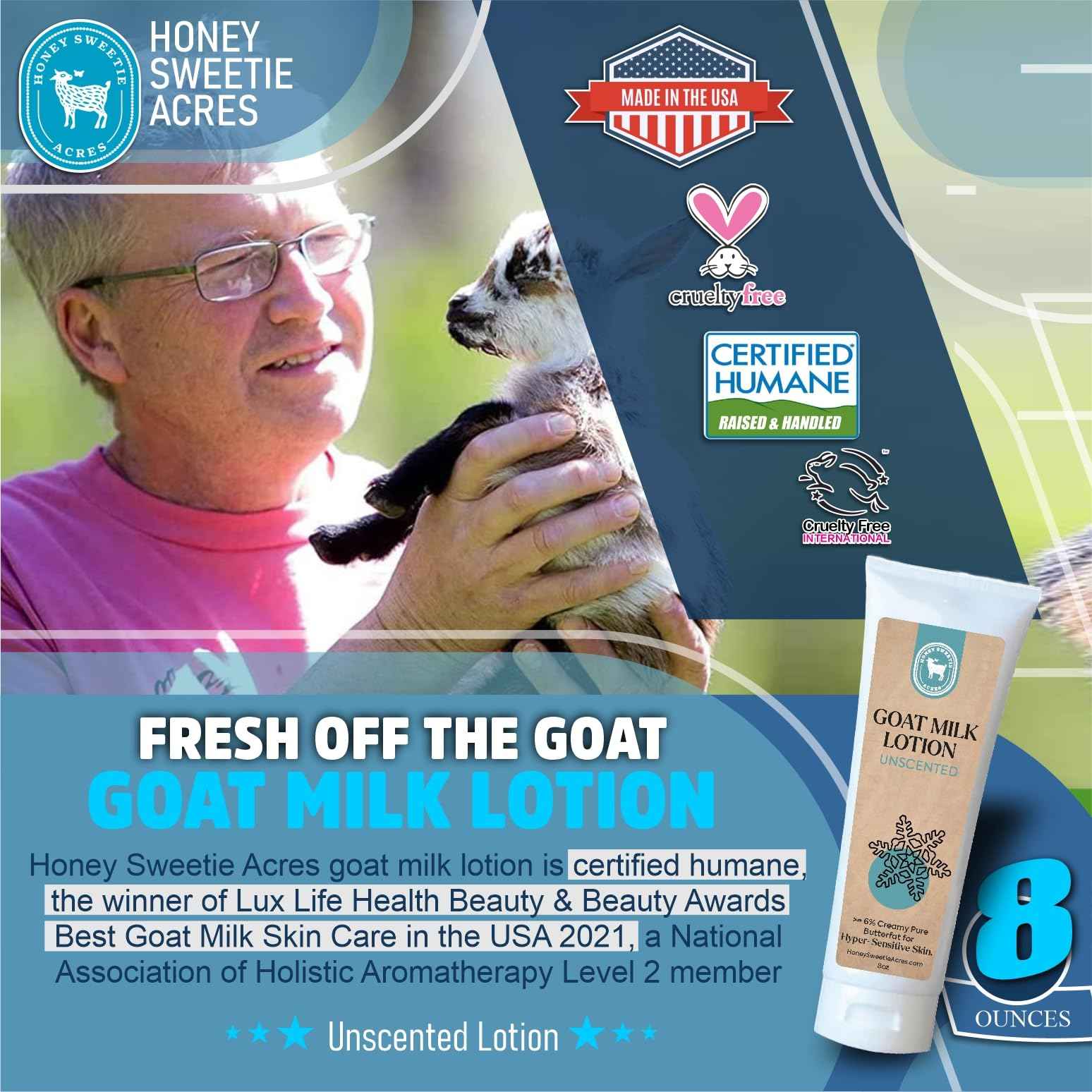 Honey Sweetie Acres Fresh Off The Goat All-Natural Goat Milk 8 oz Unscented Body Lotion is a cruelty-free, handmade lotion that hydrates and moisturizes - Made in the USA