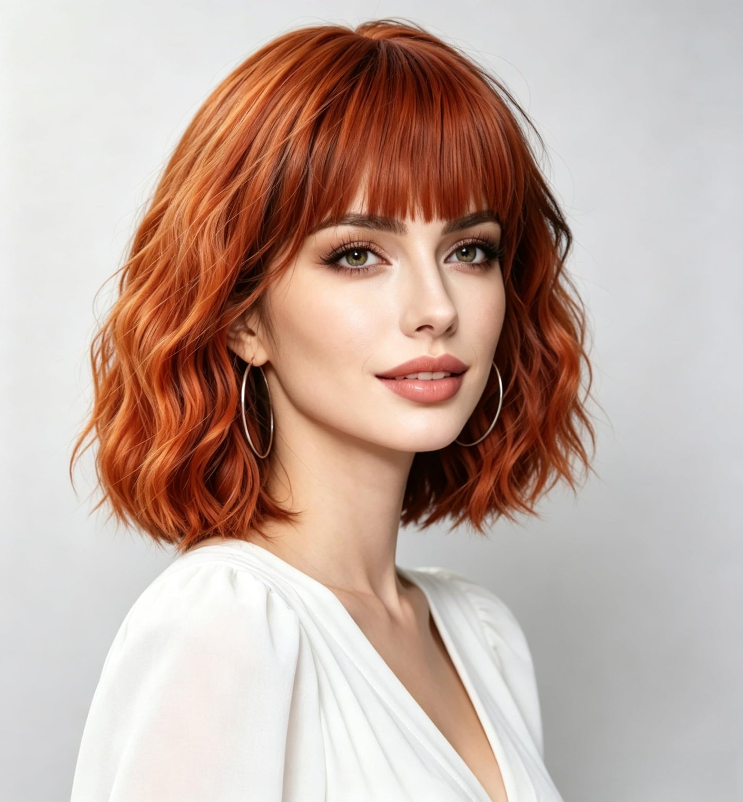 Gerulyss Short Ginger Bob Wig for Women Wavy Shoulder Length Auburn Wig with Bangs Copper Red Synthetic Costume Wig for Halloween,Cosplay,Daily Use