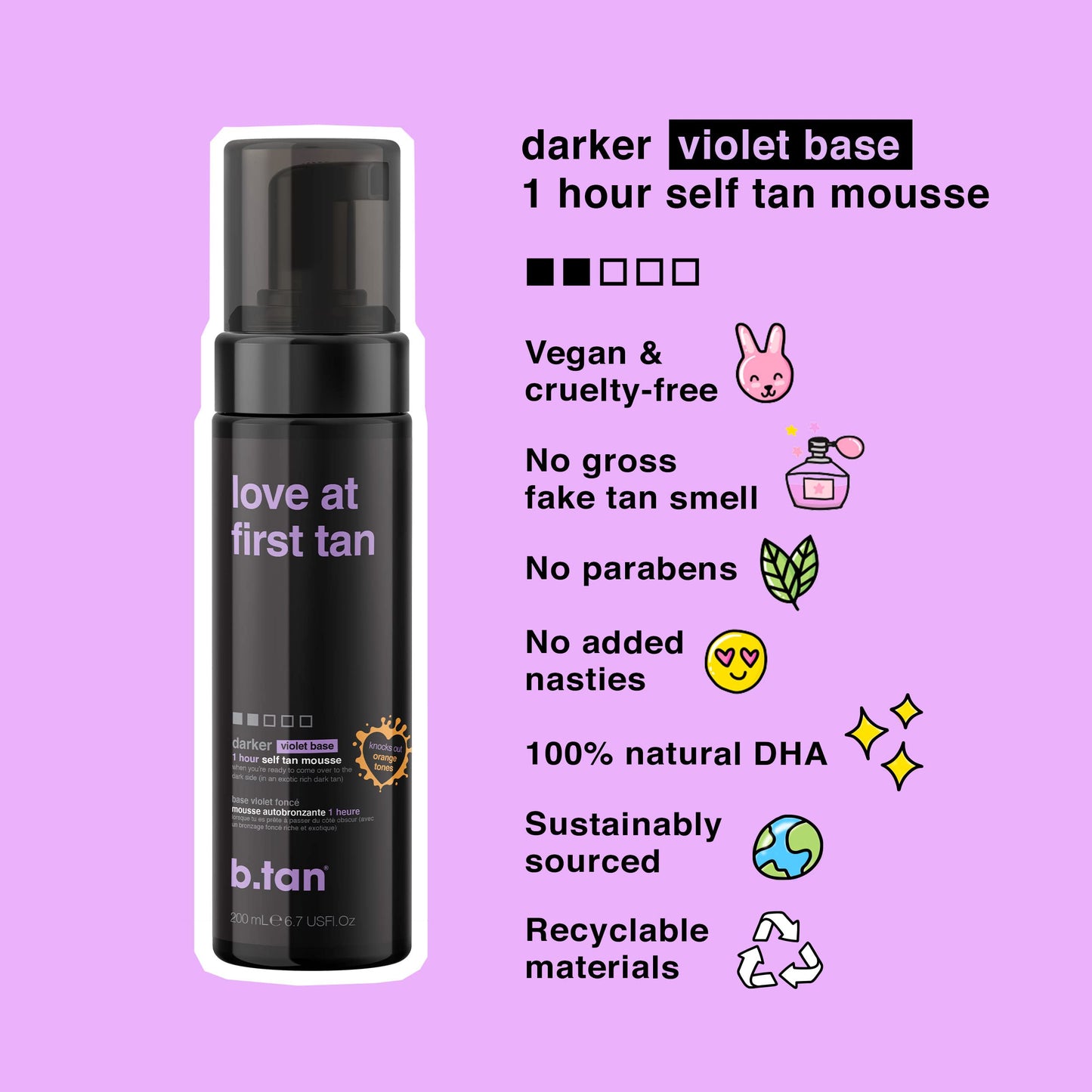 b.tan Violet Self Tanner Kit | Fall In Love at First Tan Bundle - Dark Tanning Mousse with Mitt Applicator, 1 Hour Express, Best Bronzing Glow, No Orange Tones or Fake Tan Smell, Vegan, 6.7 Fl Oz
