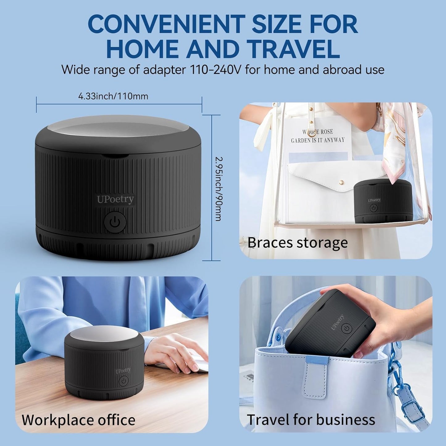 UPoetry Ultrasonic Retainer Cleaner - Dental Cleaning Pod for Braces, Dentures, Pacifiers, Mouth Guards, Jewelry & Toothbrush Heads, 150ml Portable Cleaning Machine (Without 12pcs Tablets Black)