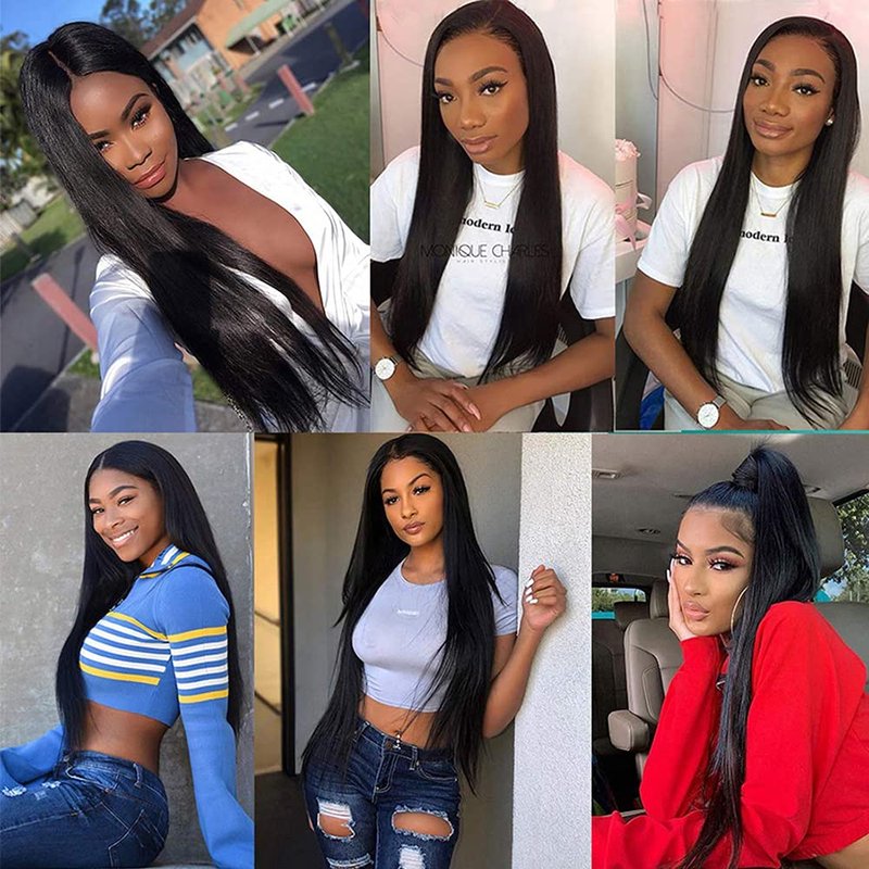 Human Hair Bundles Straight Bundles 18 20 22 Inch Straight Human Hair Extensions Double Weft Unprocessed Brazilian Virgin Hair #1B Natural Color 3 Bundle 50 Grams Per Bundle