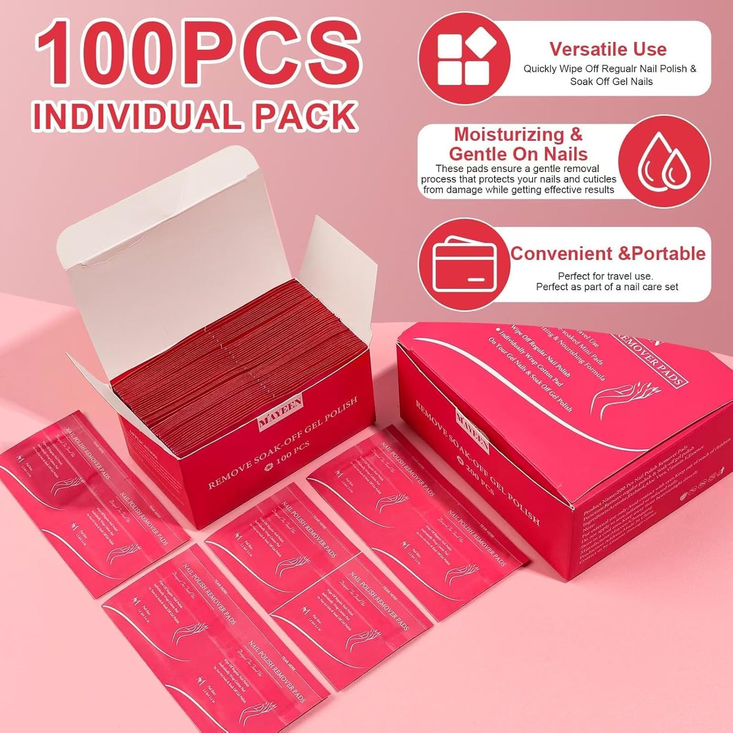 MAYEEN Nail Polish Remover Pads 100 Pack Individually Wrapped Acetone Gel Polish Remover Pads Nail Polish Remover Wipes Travel Pad For Gel & Acrylic Nails Moisturizing & Gentle