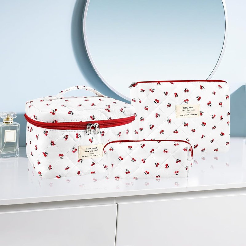 Cotton Quilted Makeup Bag Set - Extra Large Floral Travel Cosmetic Pouches | Vintage Cherry Toiletry Organizer