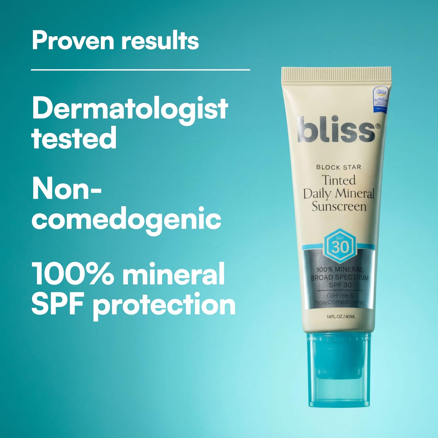 Bliss Block Star SPF 30 Daily Tinted Mineral Sunscreen with Zinc Oxide - All Skin Tones - 100% Mineral Broad Spectrum Sunscreen with Titanium Dioxide & Antioxidant Blend- 1.4 fl oz.