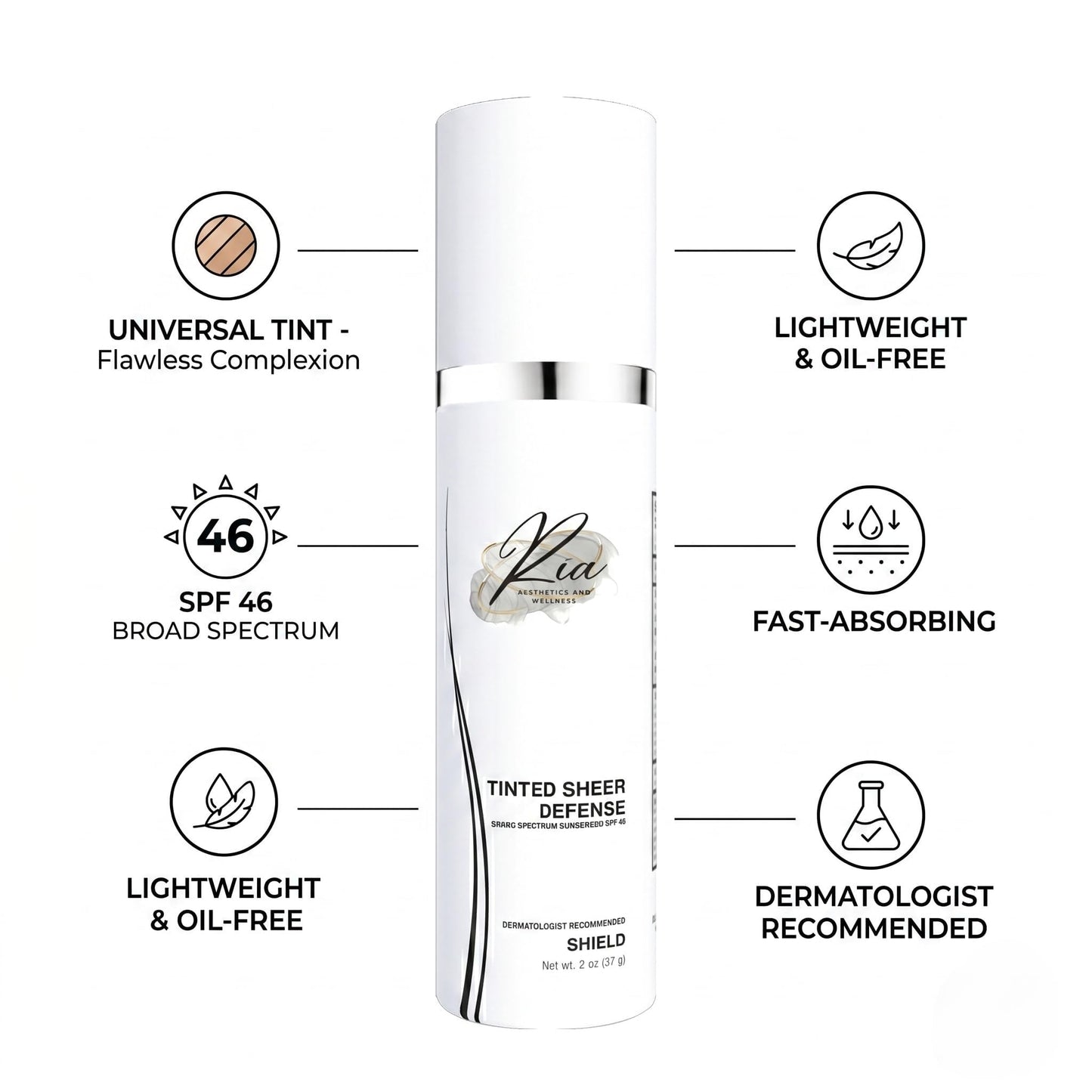 Ria Universal Tinted Sheer Defense Moisturizer SPF 46 Hydrating Dewy Tinted Sunscreen for Face with Zinc Oxide & Octinoxate Niacinamide & Hyaluronic Acid Broad Spectrum Lightweight Daily SPF, Smooth