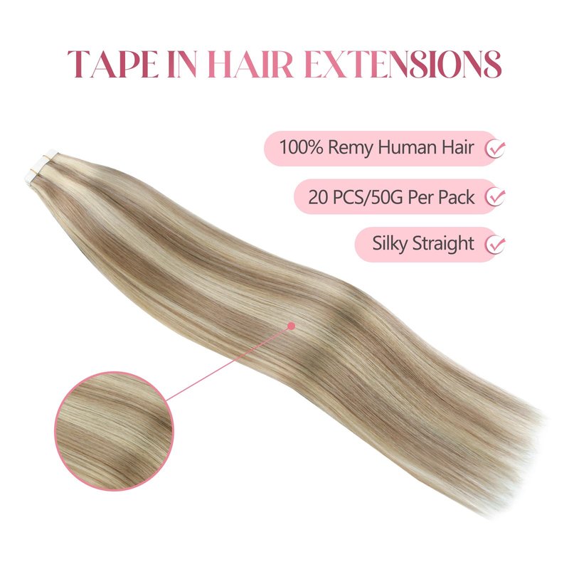 Sixstarhair Seamless Tape In Hair Extensions Remy Human Hair Highlight Hair Extensions Color Swedish Blonde and Ash Blonde Piano Color For Beautiful Girl 50g/20 Pieces Pack [Color 20/60 14inch]
