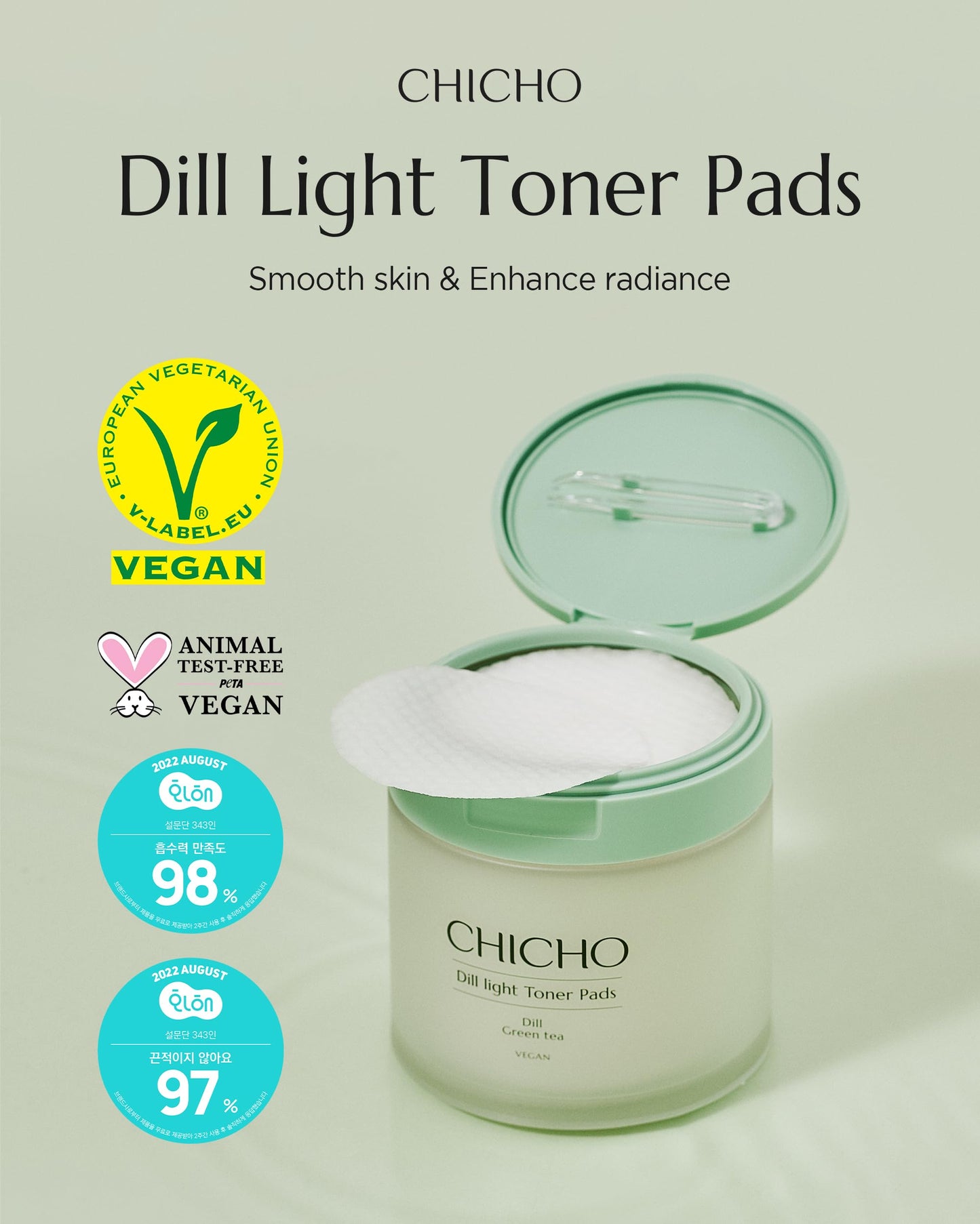 CHICHO Dill Light Toner Pads (80 Pads) – Jumbo 7cm OEKO-TEX Standard 100 Class I 100% Cotton Dual-Sided Pads for Rough Texture & Makeup Prep – 82.9% Dill Extract, Face Exfoliating and Moisturizing