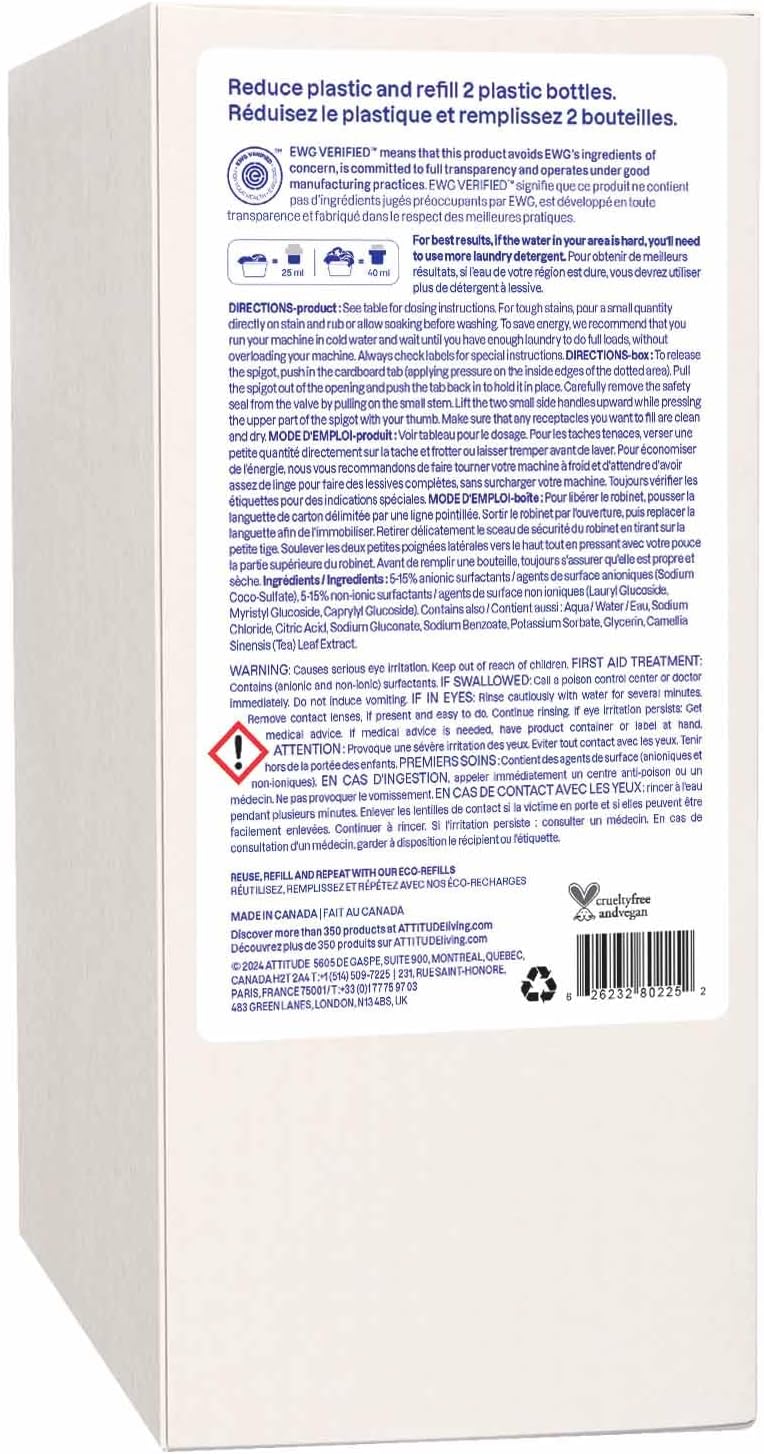 ATTITUDE Liquid Laundry Detergent Refill - EWG Verified, Plant-Based & Vegan, Unscented | 67.6 Fl Oz, 80 Loads