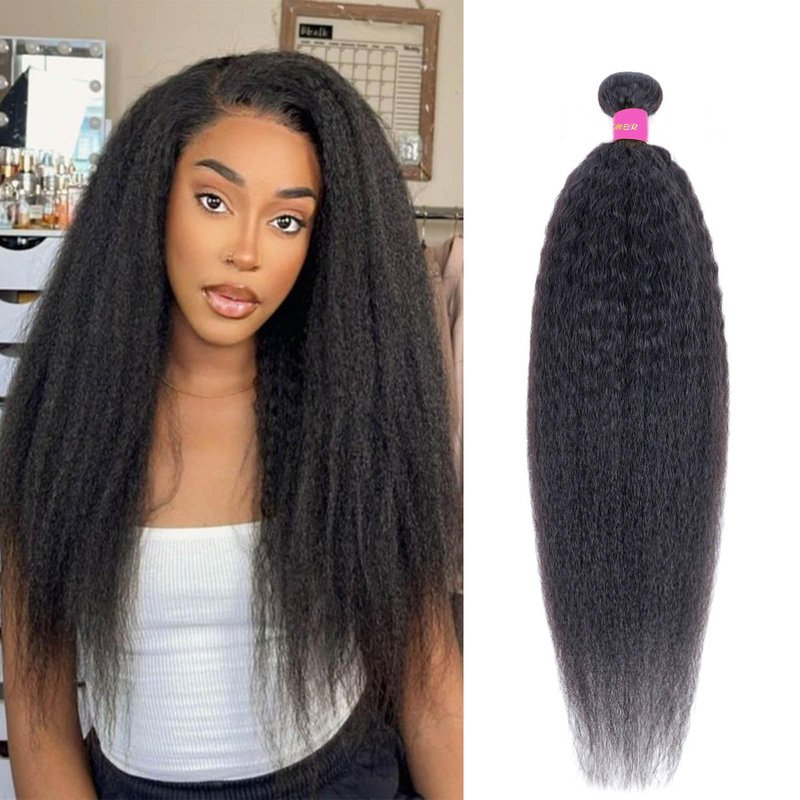 DAIMER Brazilian Kinky Straight Bundles Human Hair Sew in Unprocessed Virgin Hair Extension Yaki Straight Human Hair Double Weft Hair Extension Natural Color 14 Inch