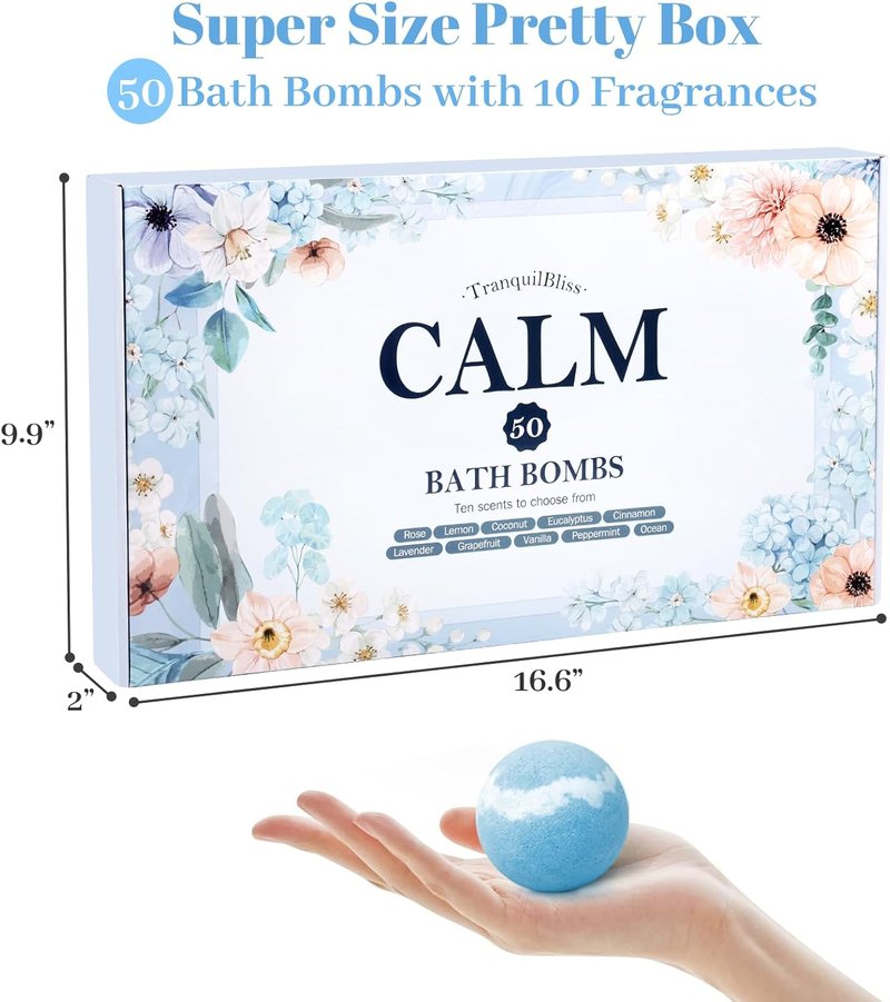 TranquilBliss Bath Bombs Set - 50 PCS Natural Bubble Bombs with Shea Butter | 10 Rich Scents for Women