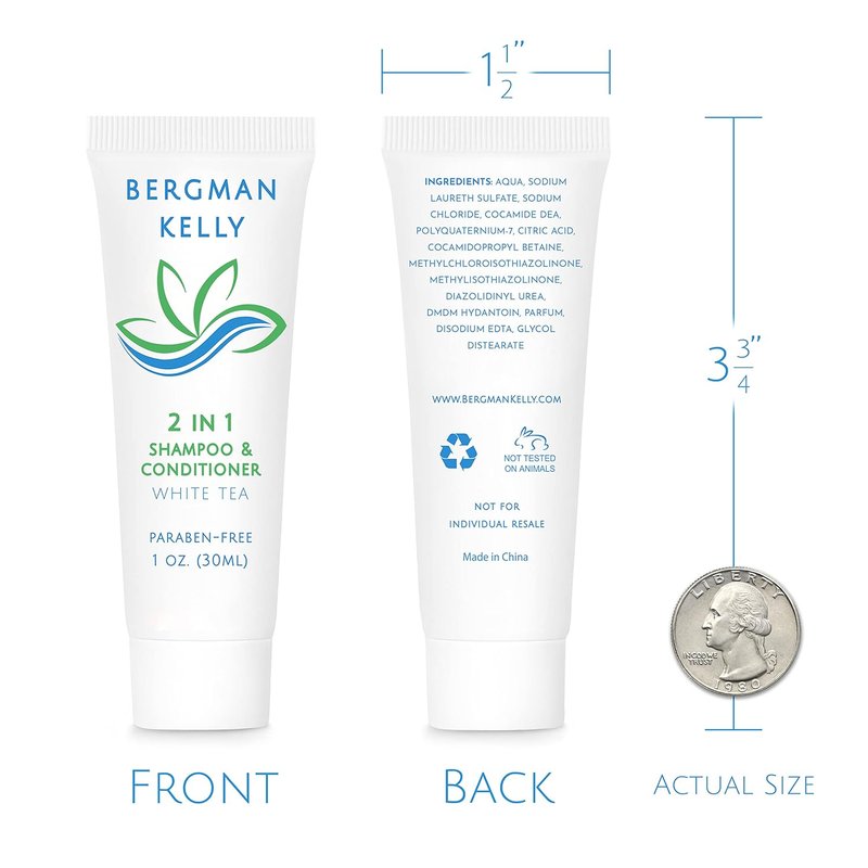 Bergman Kelly Travel Size 2-in-1 Shampoo & Conditioner | 1 fl oz White Tea - Refreshing Hotel Amenities in Bulk
