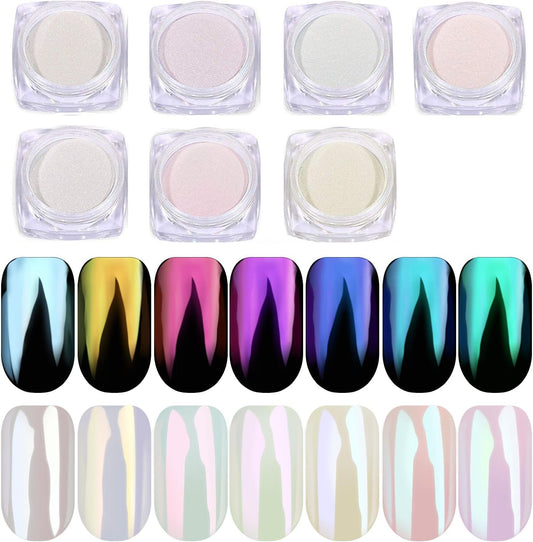 Pretty Diva 7 Colors Pearl Chrome Powder Set, Magic White Pearl Chrome Powder for Nails Aurora Iridescent Pearl Nail Chrome Powders Metallic Manicure Pigment