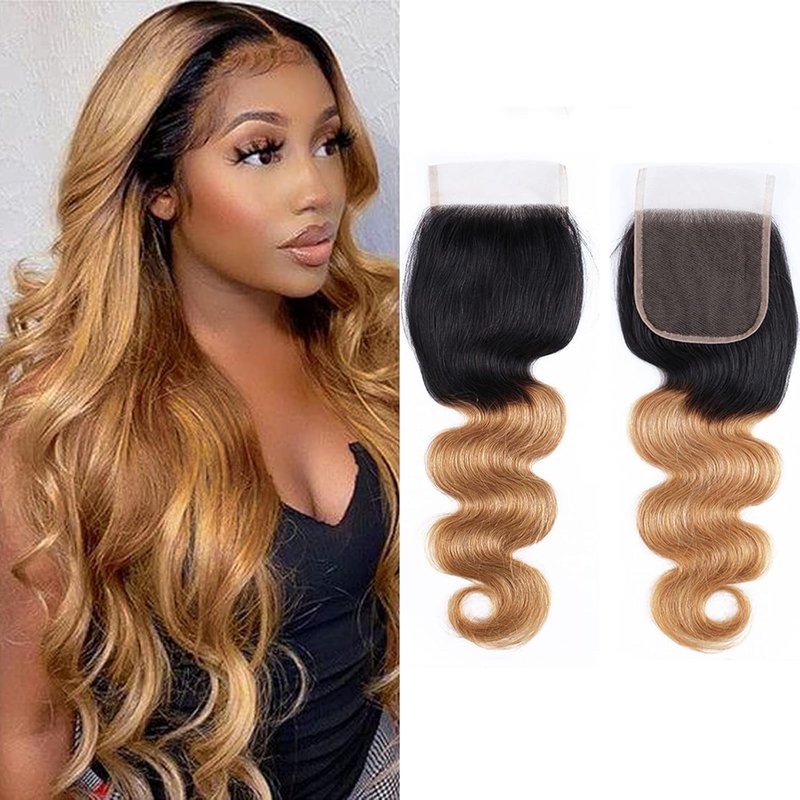 Body Wave 4x4 Closure - Pre Plucked Brazilian Human Hair Extensions | Ombre 20 Inch Curly Sew-In Weave