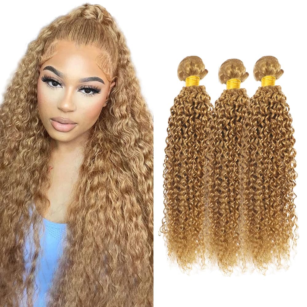 Cklikeb Human Hair Bundles 27# Color Jerry Curly Bundles Human Hair Unprocessed Brazilian Virgin 14 16 18 Inch 3 Bundles Quick Weave Human Hair Extensions 300g (27# Jerry Curly, 14 16 18)