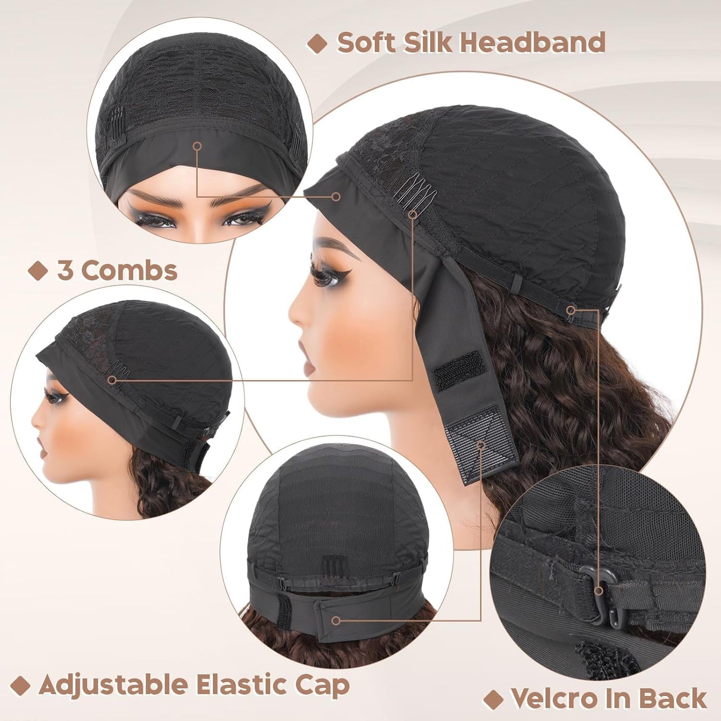 Emistar Curly Headband Wigs for Black Women Wet and Wavy Afro Headband Wig Water Wave Blend Human Hair & Synthetic Hair Ready to Go Glueless Half Wigs 180% Density (Natural Color-#4B, 16 Inch)