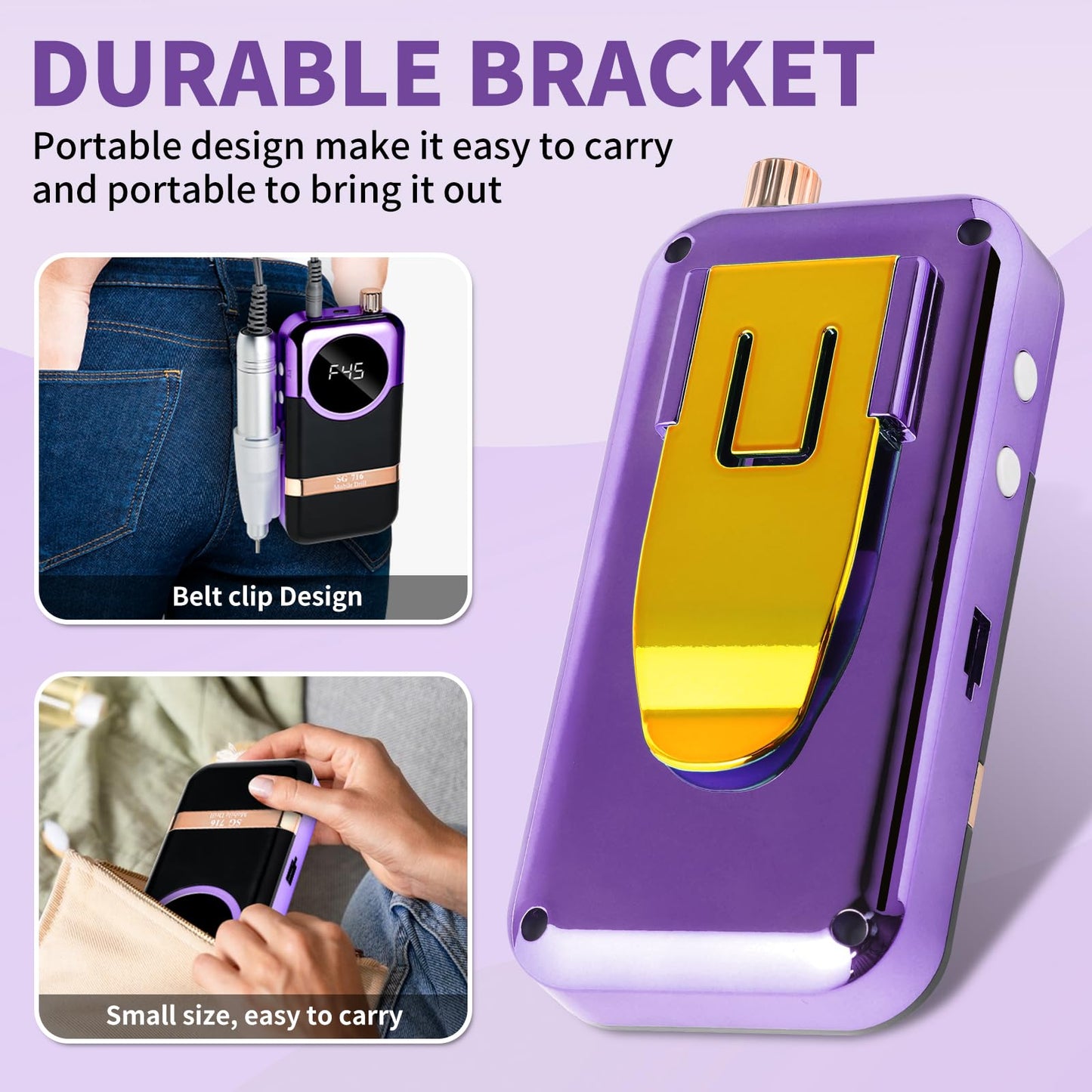 LIMEGIRL Professional Electric Nail Drill Kit 45000RPM Portable Cordless Toenail Cordless Toenail Machine with 14 Drill Bits and Base for Women (Purple)