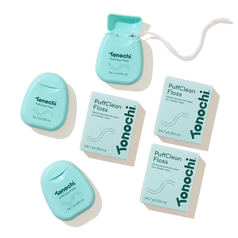 Tonochi PuffClean Extra Soft Dental Floss for Sensitive Gums, Expanding Floss, PFAS Free, Gentle Deep Clean, Mint + Xylitol, 3-Pack (164 yd Total)