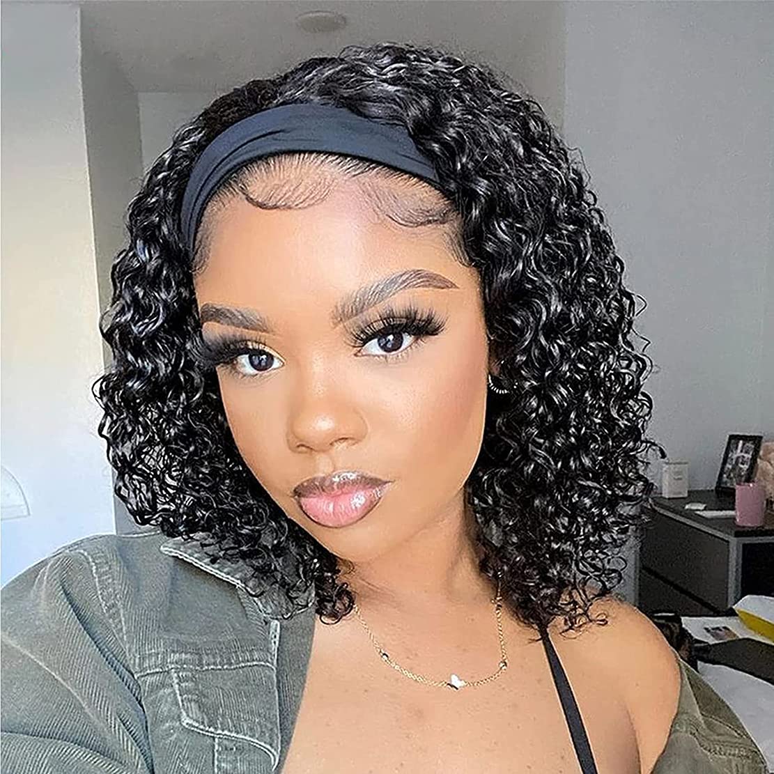 Deep Wave Headband Wig Human Hair 12inch 150% Density Natural Color