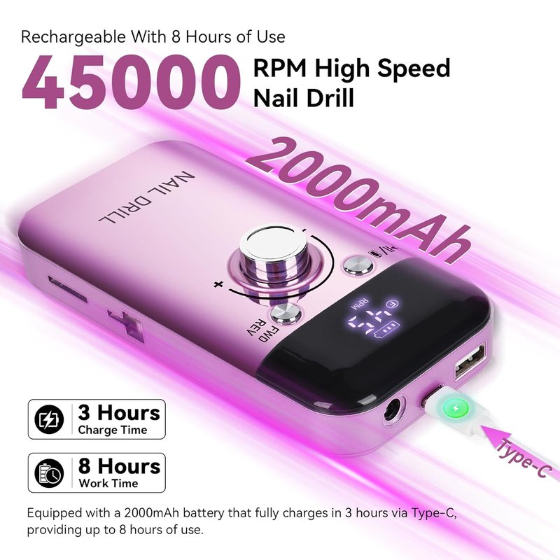 Electric Nail Drill Kit - Professional 45000RPM Rechargeable Nail File with Complete Bits for Acrylic & Gel Polishing | Portable 2000mAh Machine
