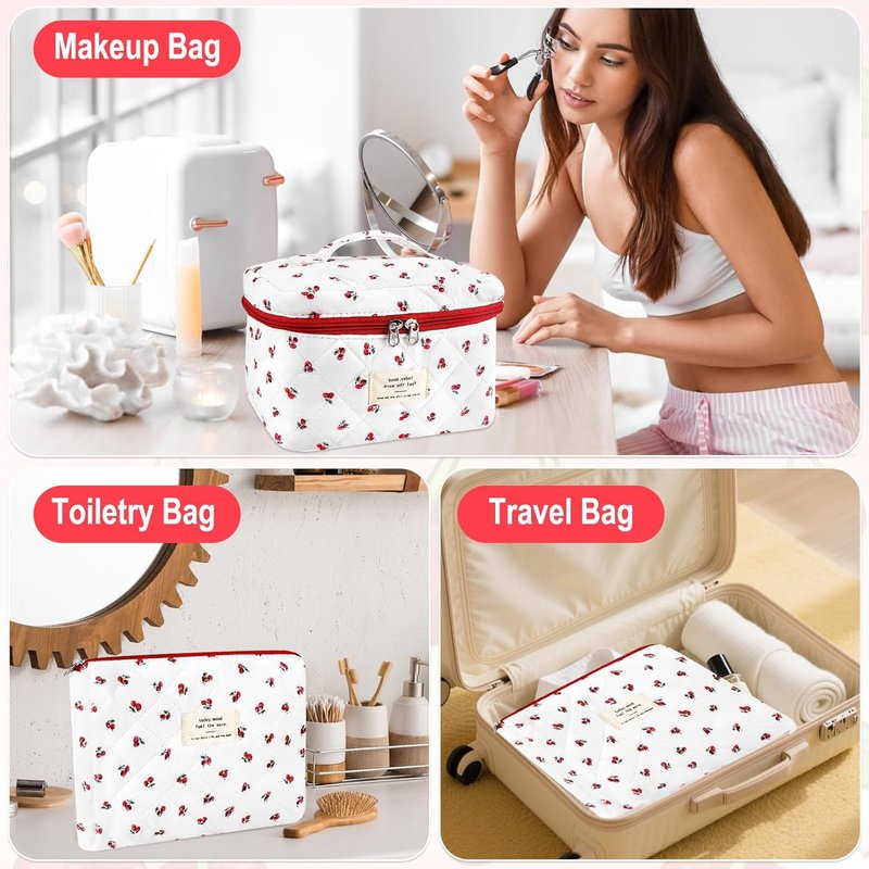 Cotton Quilted Makeup Bag Set - Extra Large Floral Travel Cosmetic Pouches | Vintage Cherry Toiletry Organizer