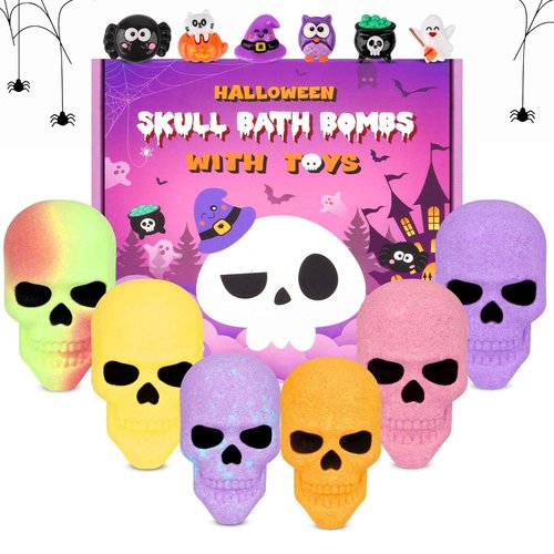 Halloween Bath Bombs for Kids, 6PCS Colorful Skull Bath Bombs with Toy Inside,6 Scented Essential Oil Bubble Bath Fizzy Balls with Pumpkin, Spooky Halloween Toys，Party Favors Gift