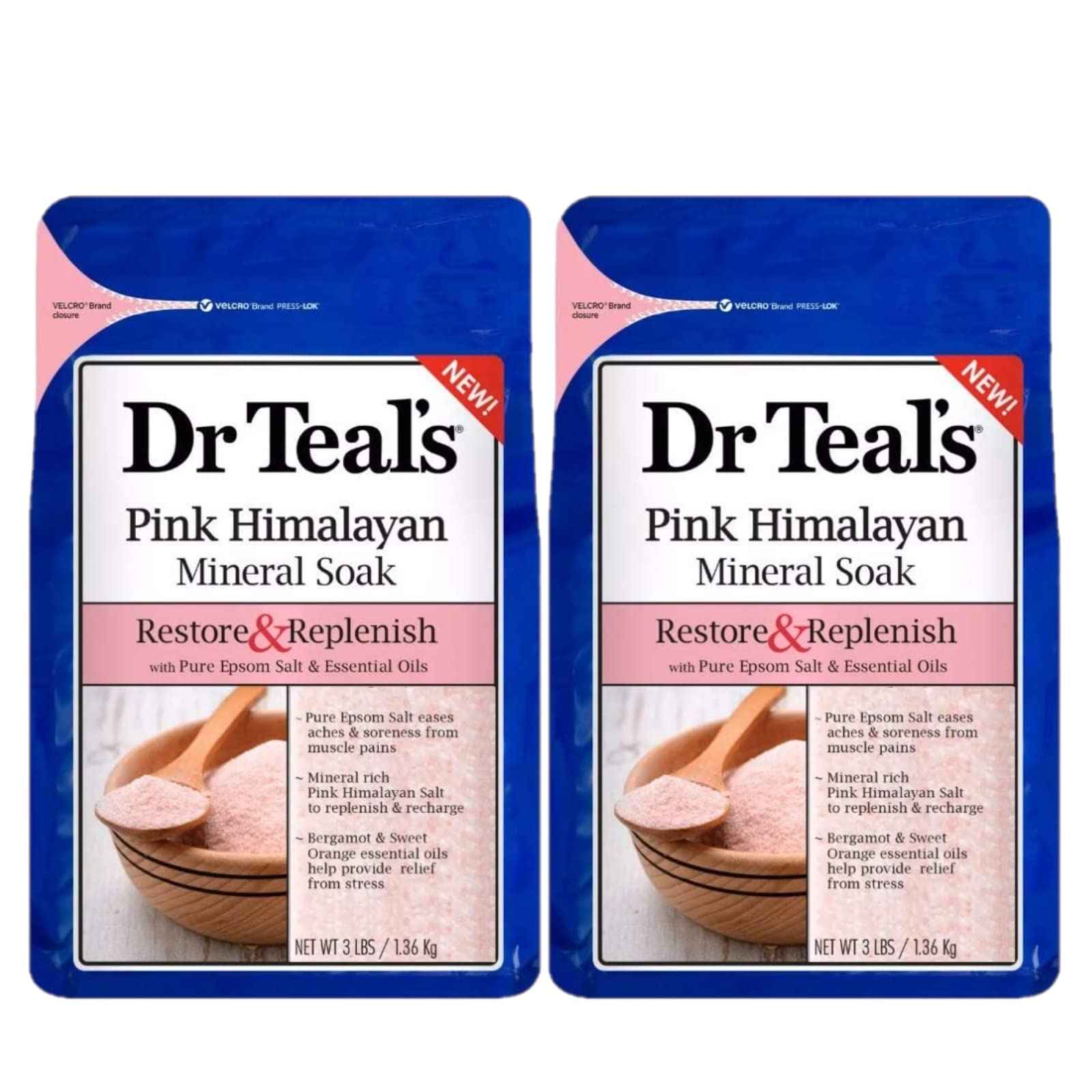 Dr. Teals Pink Himalayan Pure Epsom Salt Soaking Solution (2 Bag, 6lbs Total) - Restore & Replenish with Bergamot & Sweet Orange Essential Oils