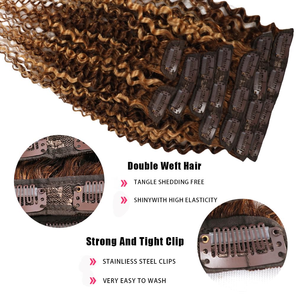 14 Inch Highlight P4/27 Kinky Curly Clip Ins Human Hair 110g 8pcs 20 Clips 3C 4A Curly Clip In Hair Extensions Real Human Hair Brazilian Virgin Hair Full Head for Women P4/27 Color