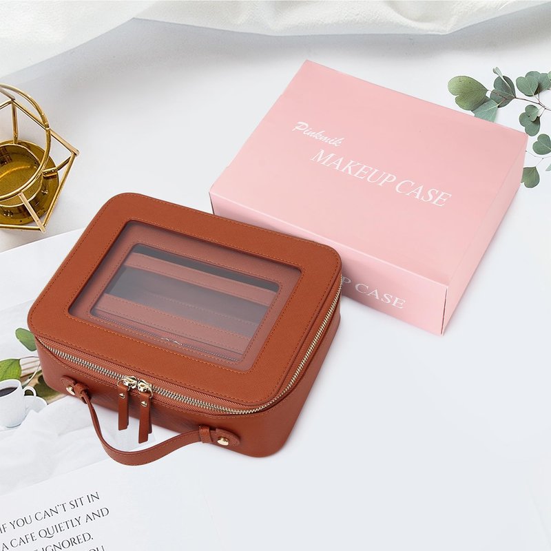 Pinkmik Clear Makeup Bag with Brush Bag 3pcs Waterproof Travel Case for Cosmetics and Toiletries Women's Makeup Organizer with Zipper (X/Brown, L+M+SLIM)