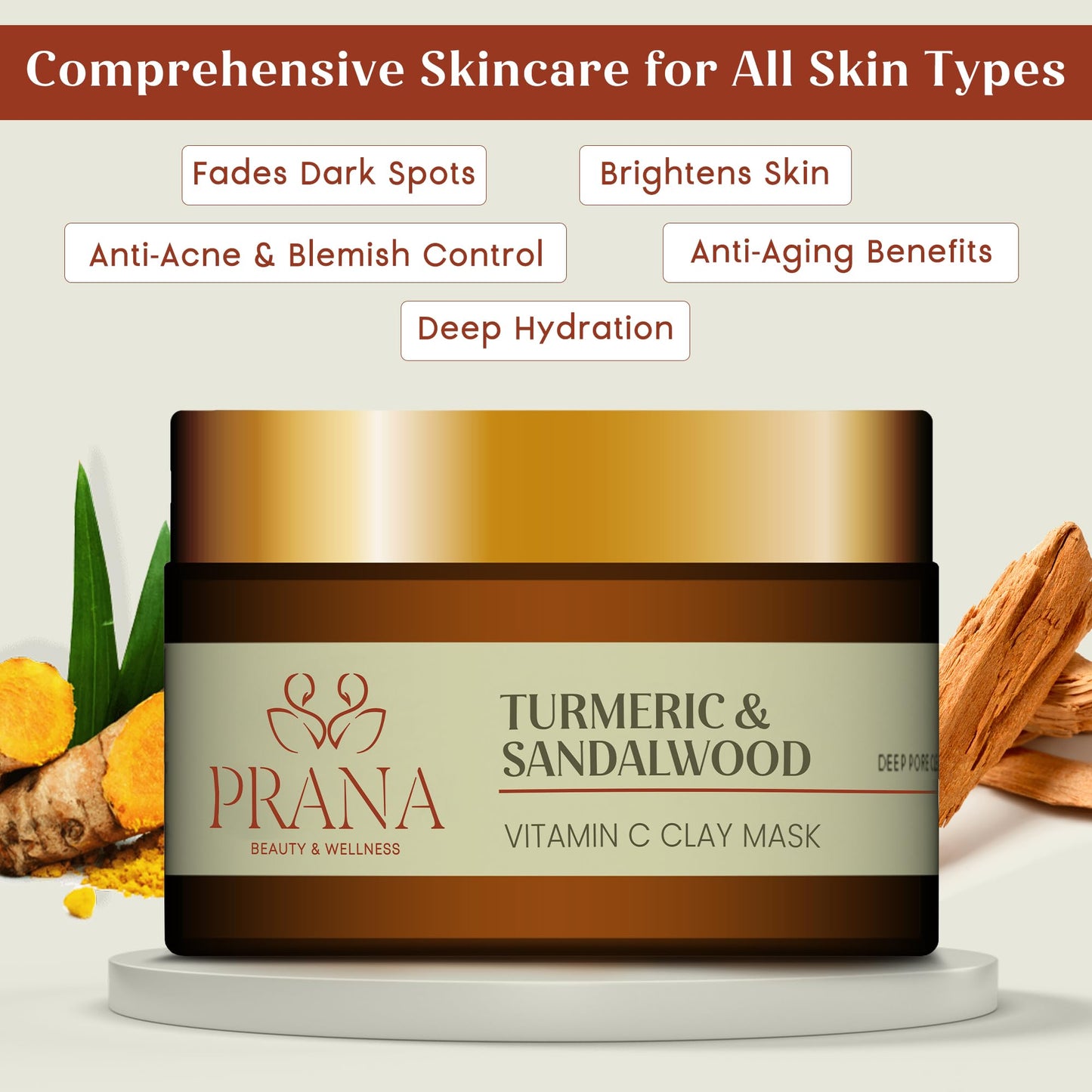 PRANA Beauty Turmeric & Sandalwood Face Mask 60ml | Three-Clay Formula | Bentonite + French Pink Clay + Kaolin | Turmeric Root Extract | Pore Purifying | Brightening | Vegan | Cruelty-Free 60ml Pack 1
