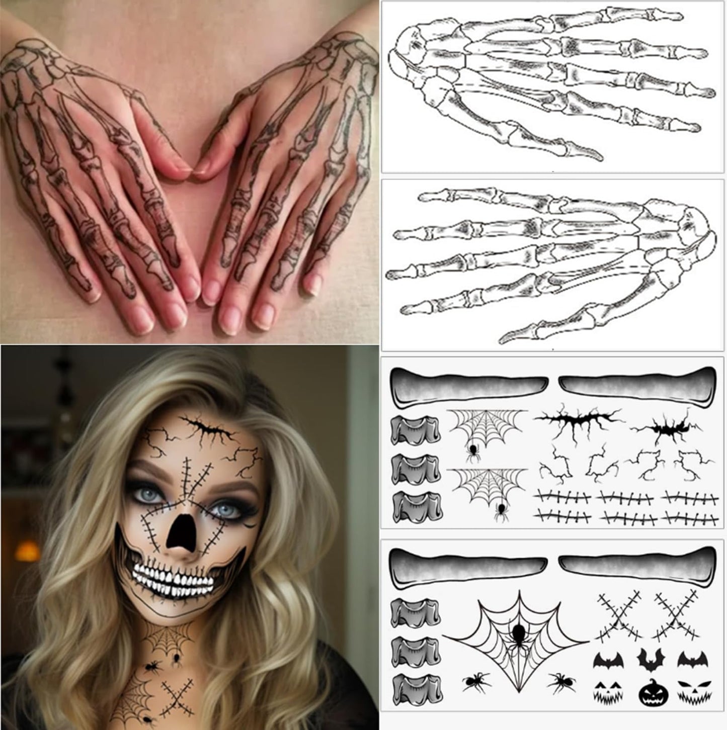 8 Sheets Halloween Temporary Face Tattoos Stickers,Mouth Scar Skeleton Hand Temporary Tattoos Adult, Body Makeup Cosplay Festival Rave Face Stickers Halloween Decorations