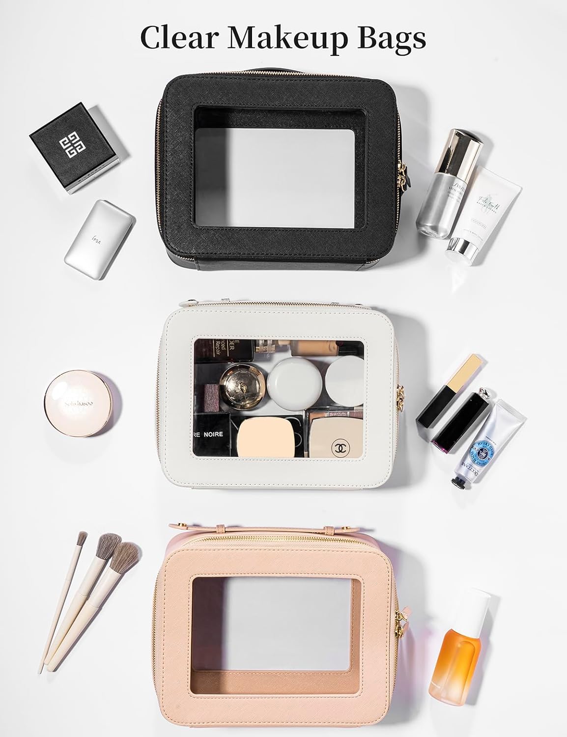 Clear Makeup Bag for Women - Waterproof Cosmetic Organizer Case | Portable Travel Toiletry Bag (Black)