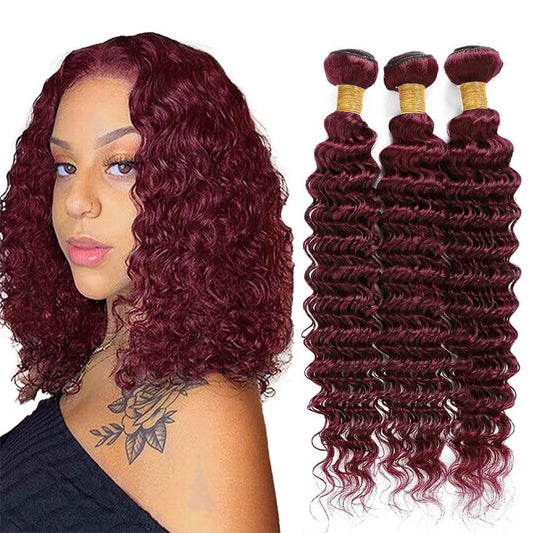 Niciitysi Color 99j Human Hair Wine Red Deep Wave Bundles 10 12 14 inch Double Weft Brazilian Hair Extensions Soft and Silky Burgundy Deep Curly Weave Bundles for Women