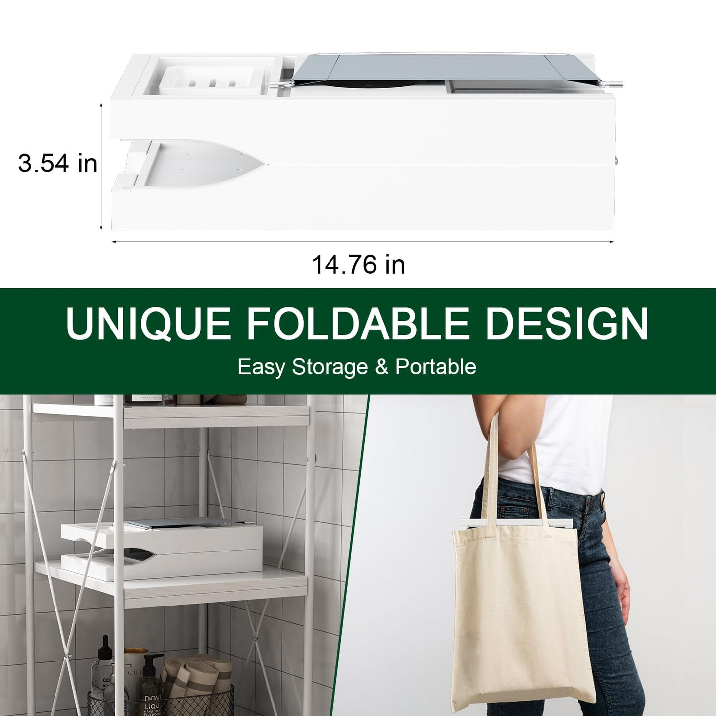 Foldable Bamboo Bathtub Caddy Tray Expandable for Luxury Bath, Bath Accessories & Table with Wine Glass Holder, Book Stand Bathroom Organizer with Extending Sides for Men/Women,White