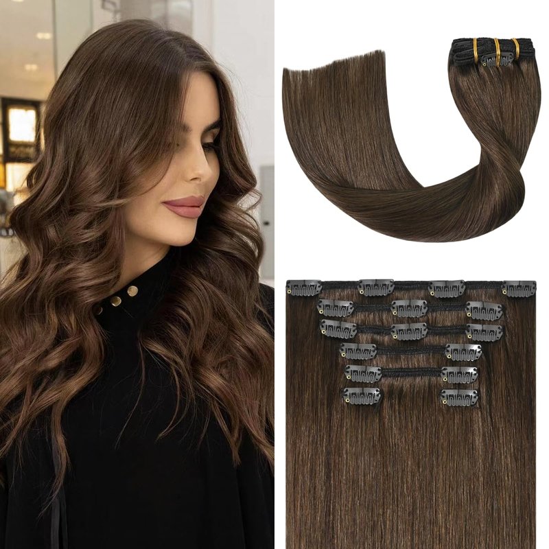 UGOTRAYS Medium Brown Hair Extensions Real Human Hair Clip ins for Women, 70g 7pcs 15inch,Soft & Natural Straight Double Weft for Women #4 Chocolate Brown Human Hair Extensions