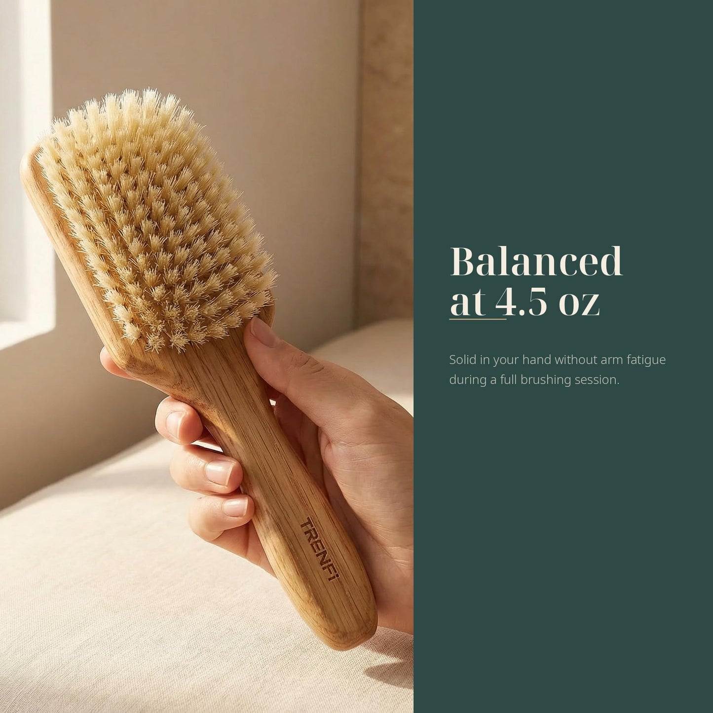 TRENFI 100% Boar Bristle Hair Brush - Soft Natural Bristle Wooden Paddle Brush for Fine Thin Hair, Distributes Scalp Oils for Smooth Shine, Solid Red Oak Handle for Women Men
