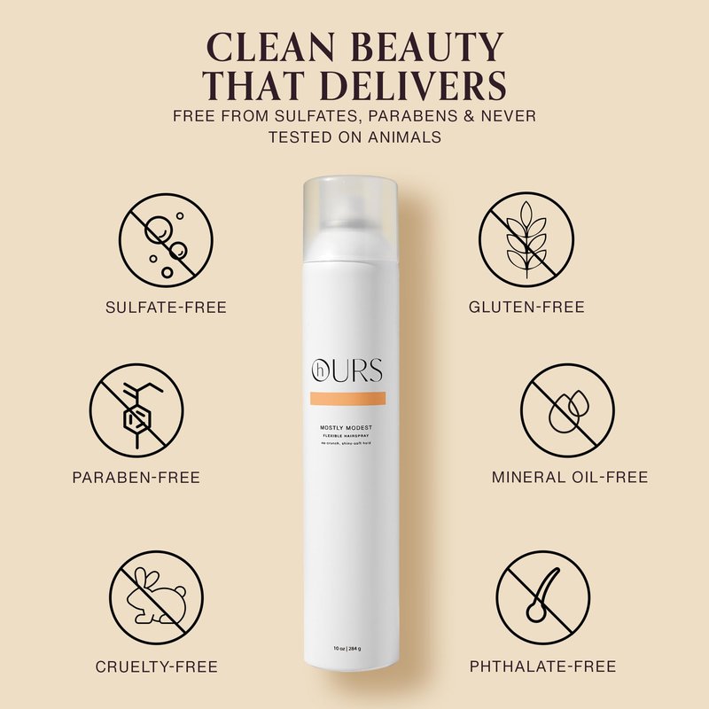 hOURS haircare Mostly Modest Flexible Hairspray for Women | Professional Extra Soft Touch Formula for Polished Shine - Sulfate, Paraben, & Cruelty Free Styling Product, Antioxidant Protection | 10 oz