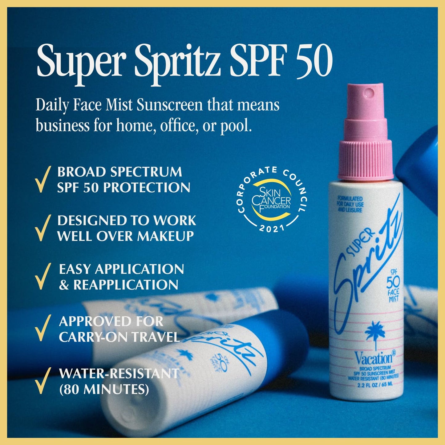 Vacation Super Spritz SPF 50 Face Sunscreen Spray and Air Freshener Bundle, 2.2 Fluid Ounces - Daily Face Mist, Lightweight, Water-Resistant, Non-Comedogenic, Vegan