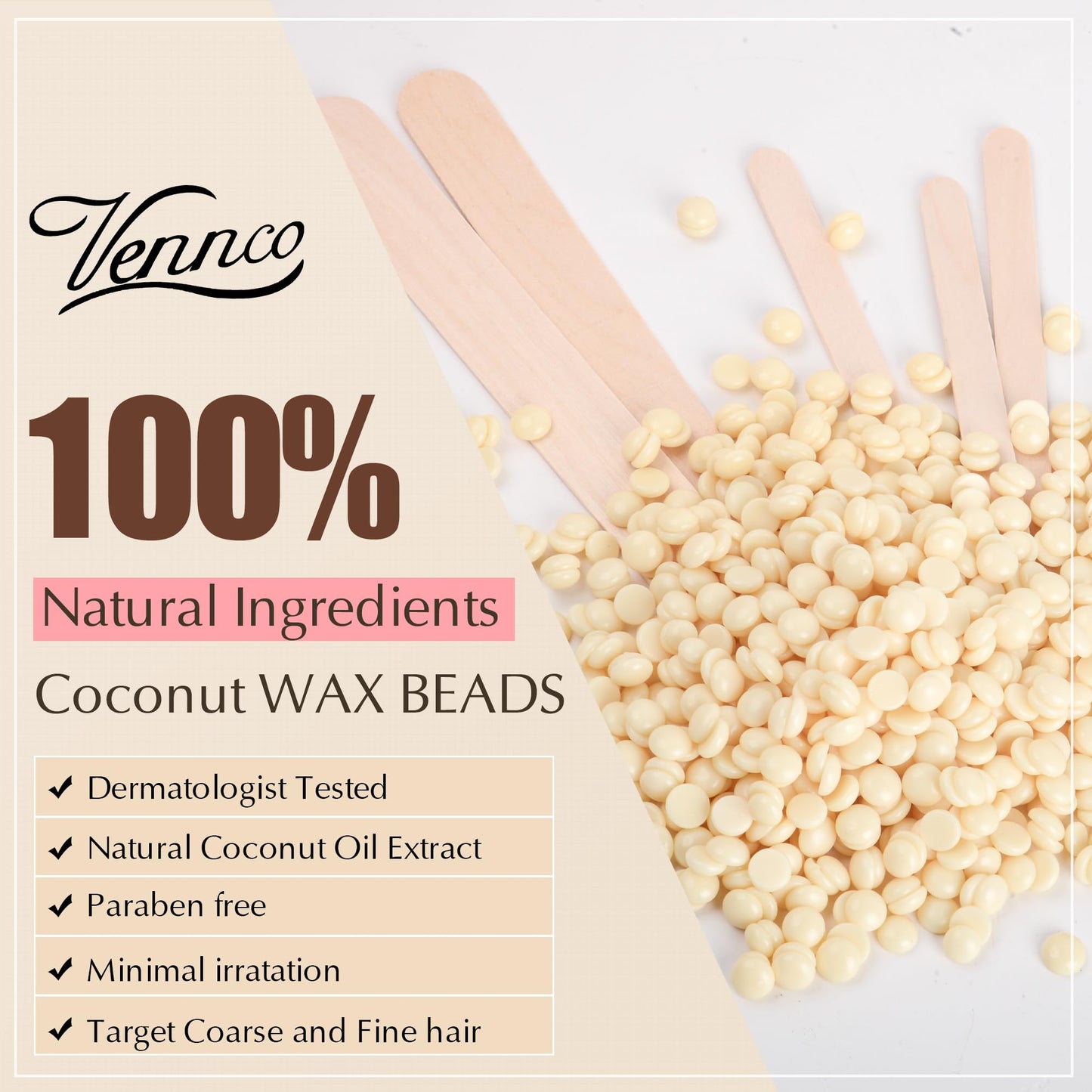 Vennco 2.5lb Cream Hard Wax Beads, Premium Coconut-Infused Hair Removal Wax for Full Body - Ideal for Brazilian, Bikini, Legs, Arms, Chest, and Back