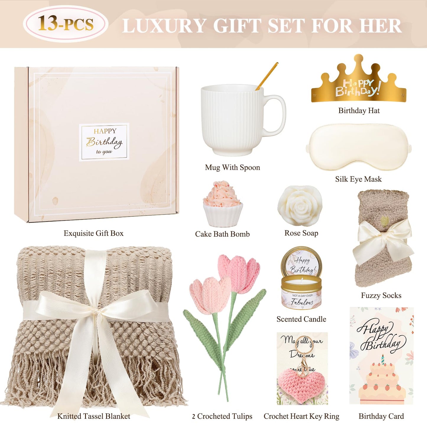 CuriBox Birthday Gifts for Women - 13PCS Unique Happy Birthday Easter Gifts Basket for Mom Her Best Friend Sister Wife Girlfriend Coworker - Relaxing Spa Self Care Package Mothers Day Set (Vanilla)