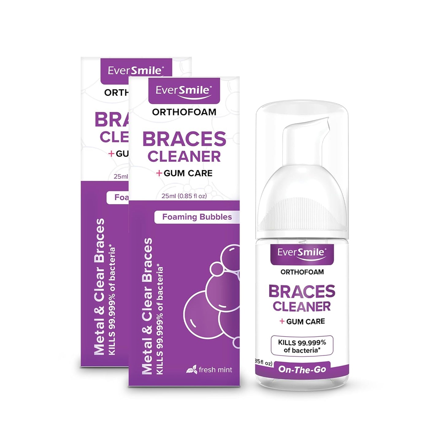 EverSmile OrthoFoam Braces Cleaner - Brushable Foam Whitens Teeth, Fights Plaque & Bad Breath | 25ml Travel Size (2 Pack)