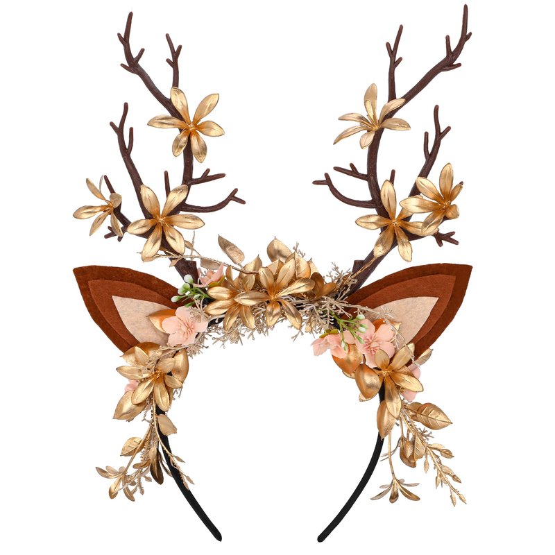 MOSTORY Handmade Antler Branch Headband Gold - Adjustable Reindeer Tree Crown with Flowers Floral Woodland Headpiece for Renaissance Christmas Cosplay Prom Costume Photo Props