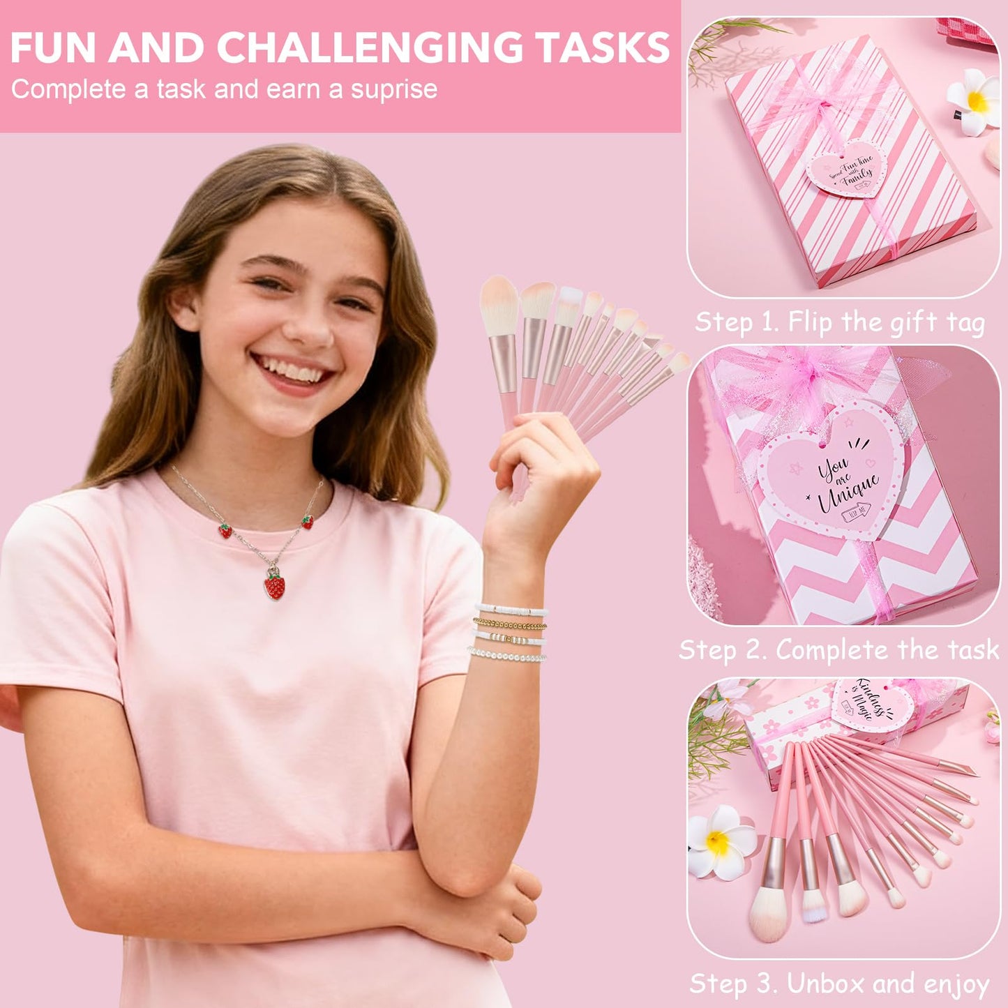 Joyliss Easter Gifts for Tween & Teen Girls, 11PCS Birthday Gifts Basket Teen Girls Gifts Trendy Stuff with Empowering Challenges & Makeup Brushes & Bag, Positive Wrapped Gift Box for Daughter Niece