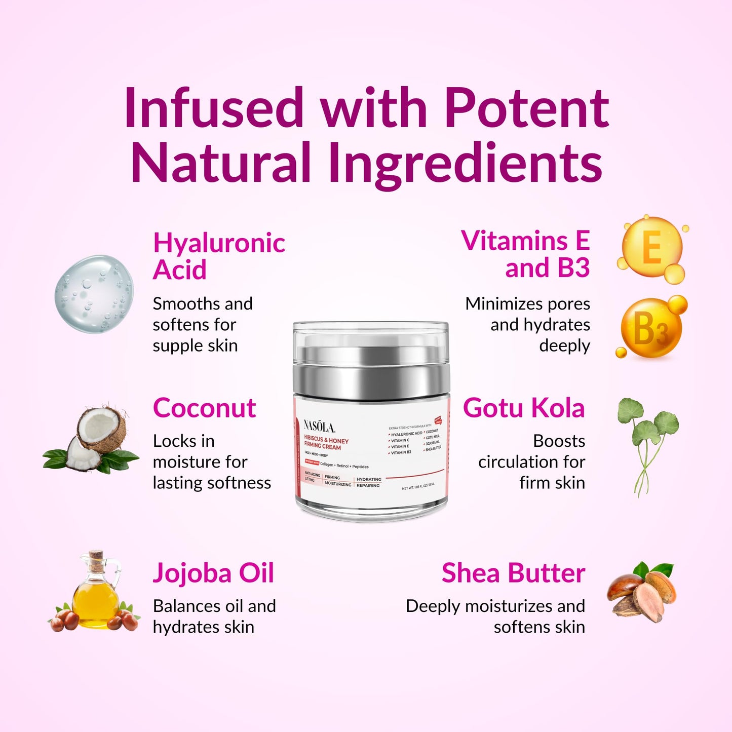 Nasola Hibiscus & Honey Firming Cream for Face, Neck & Body with Collagen, Retinol, Vitamin C, Hyaluronic Acid & Peptides – Skin Tightening, Anti-Wrinkle & Hydrating Moisturizer for Women & Men