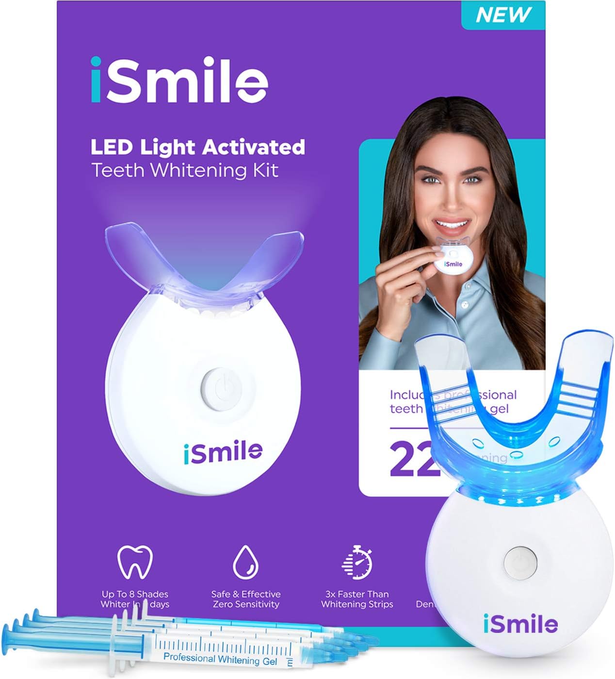 iSmile Teeth Whitening Kit - LED Light & 35% Carbamide Peroxide Gel | 3 Syringes & Remineralization Tray