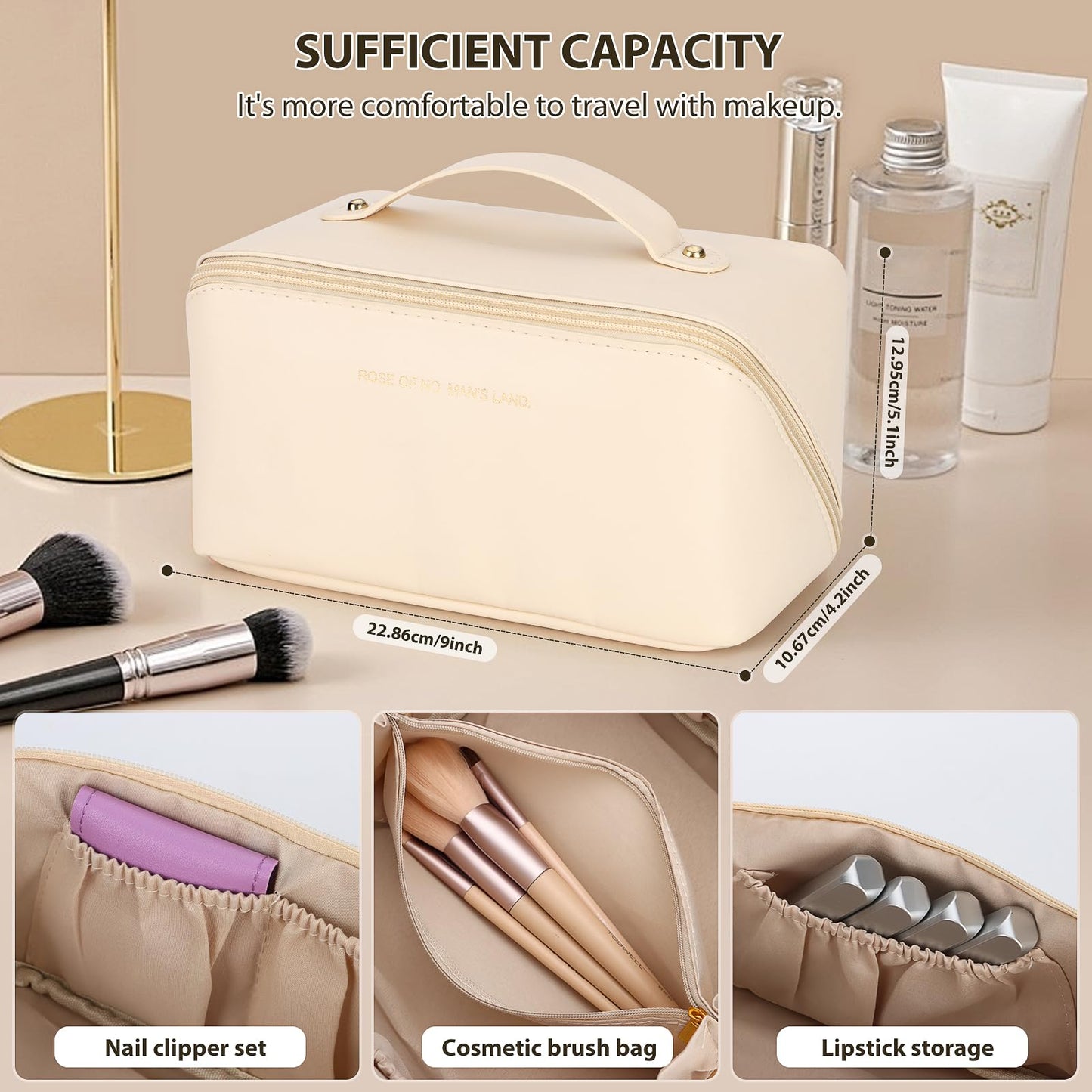 Houldhowd Makeup bag, Large capacity travel toiletry bag, Waterproof Portable Cosmetic Bag, travel makeup bag, With Nail Art Kit Set, Best Choice for Makeup Experts. (off white style)