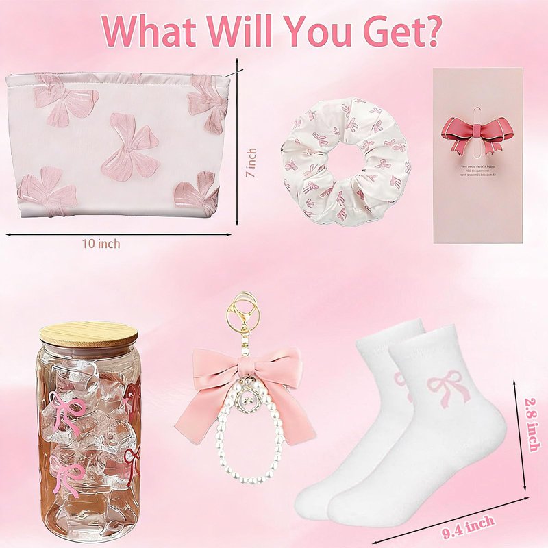 Pink Bow Stuff Gift with Preppy Makeup Bag, Bow Cup, Bow Keychain, Socks, Hairband, Coquette Stuff Presents Set for Teen Girls Women Sister Friend